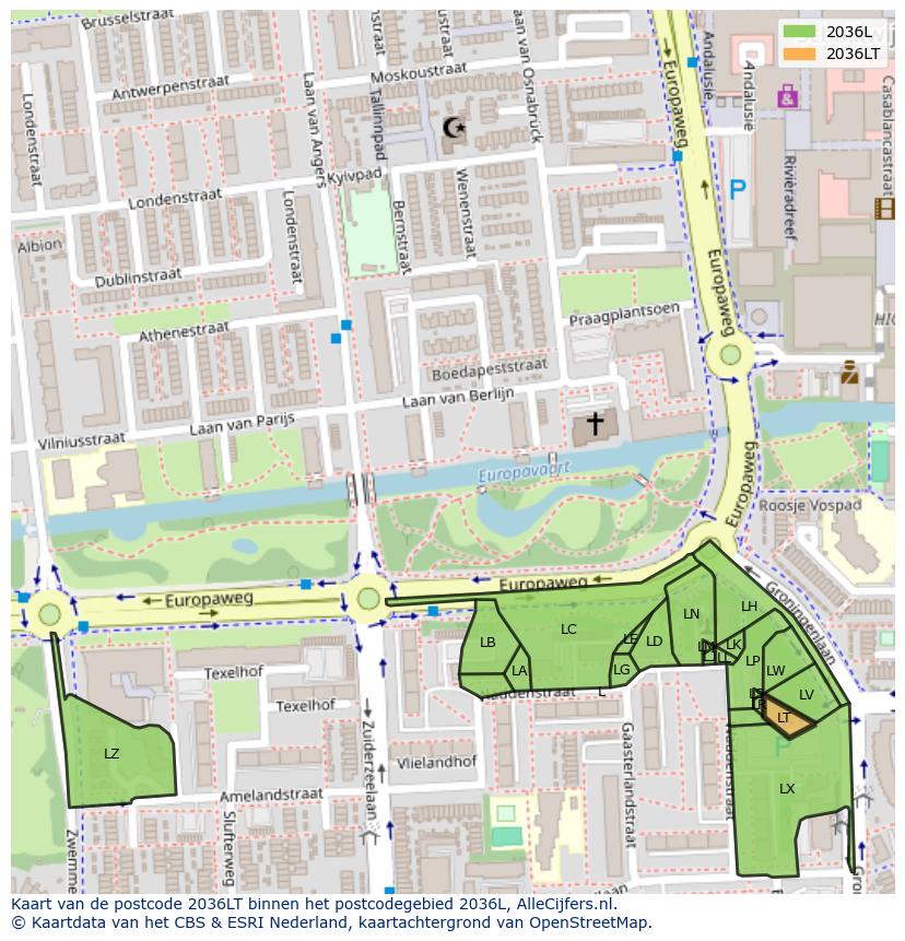 Afbeelding van het postcodegebied 2036 LT op de kaart.