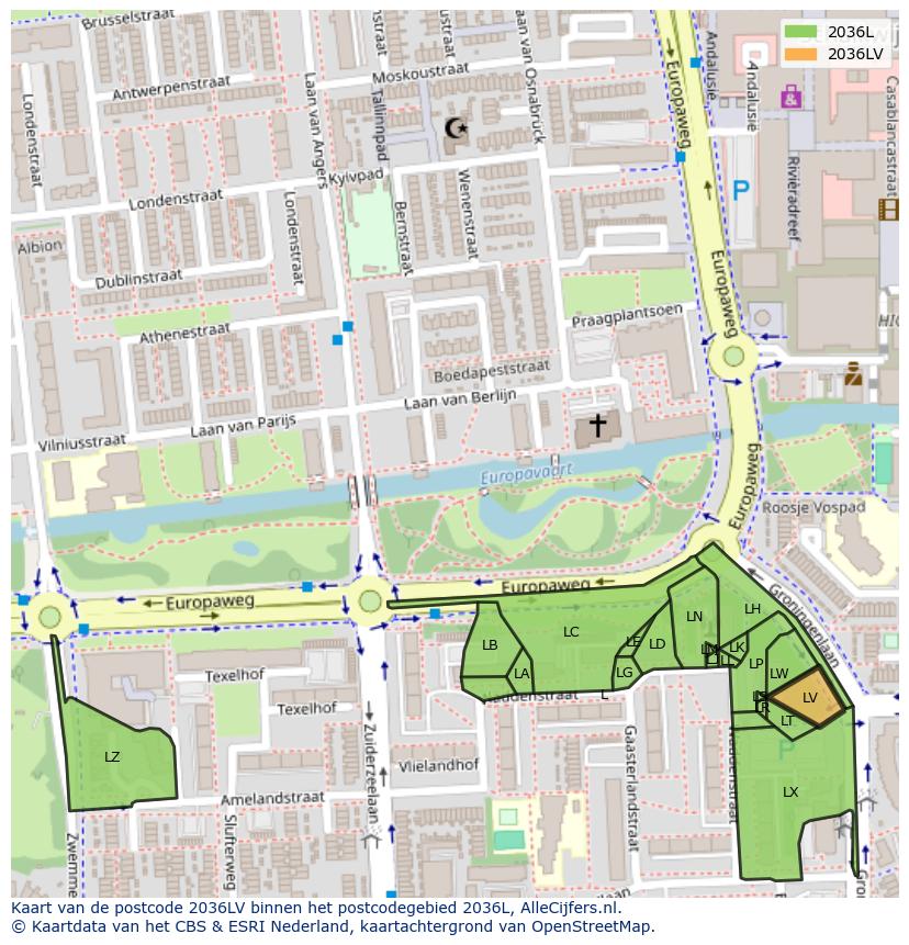 Afbeelding van het postcodegebied 2036 LV op de kaart.