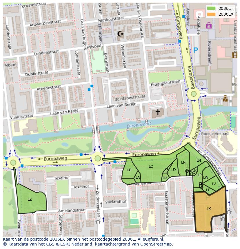 Afbeelding van het postcodegebied 2036 LX op de kaart.