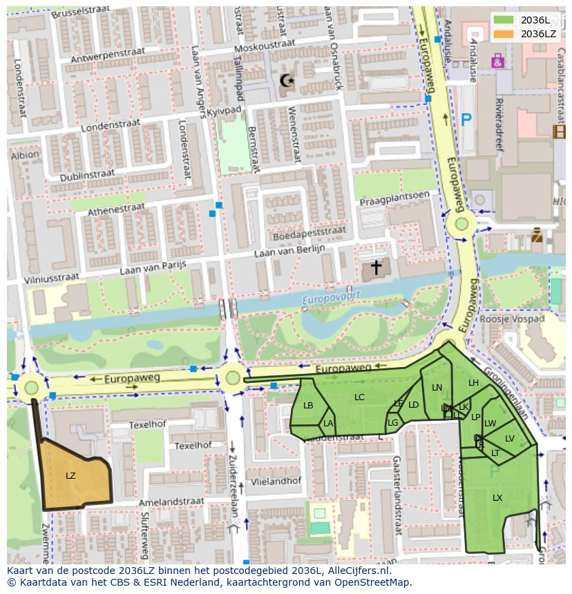 Afbeelding van het postcodegebied 2036 LZ op de kaart.