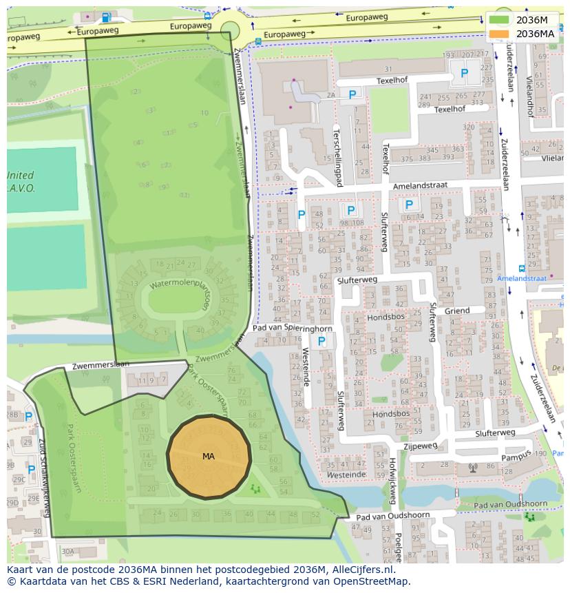 Afbeelding van het postcodegebied 2036 MA op de kaart.