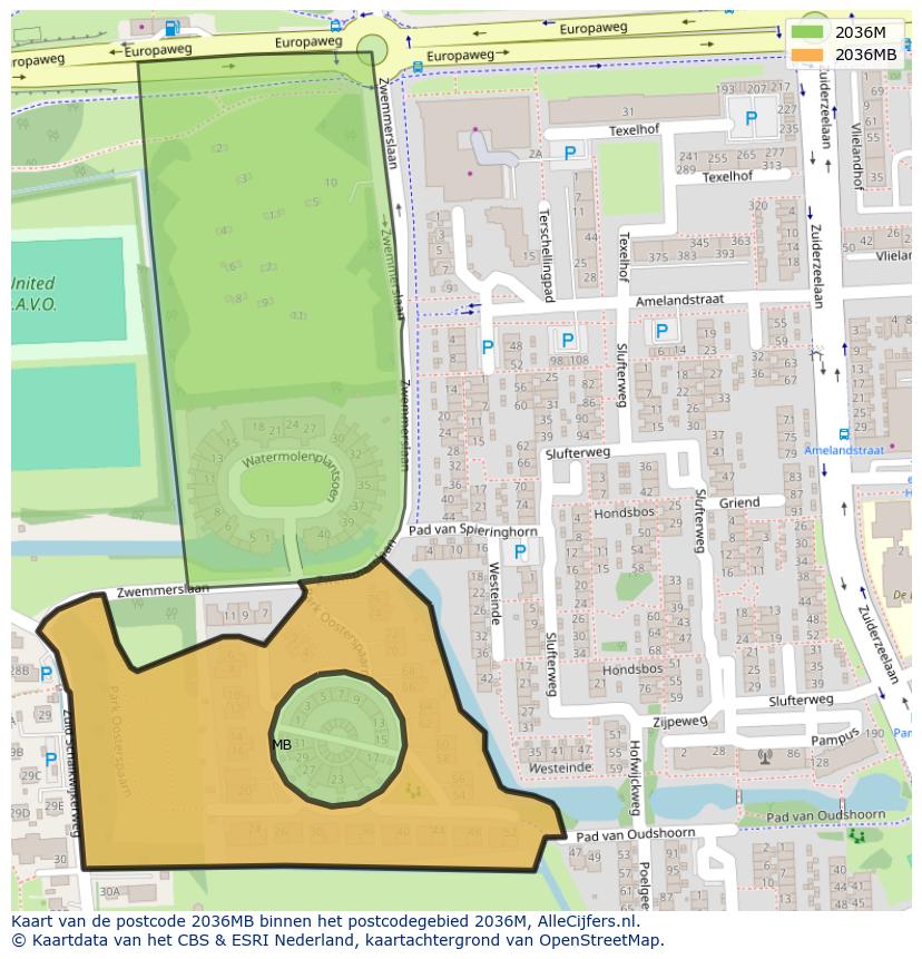 Afbeelding van het postcodegebied 2036 MB op de kaart.