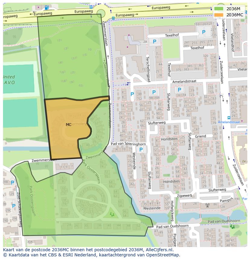 Afbeelding van het postcodegebied 2036 MC op de kaart.