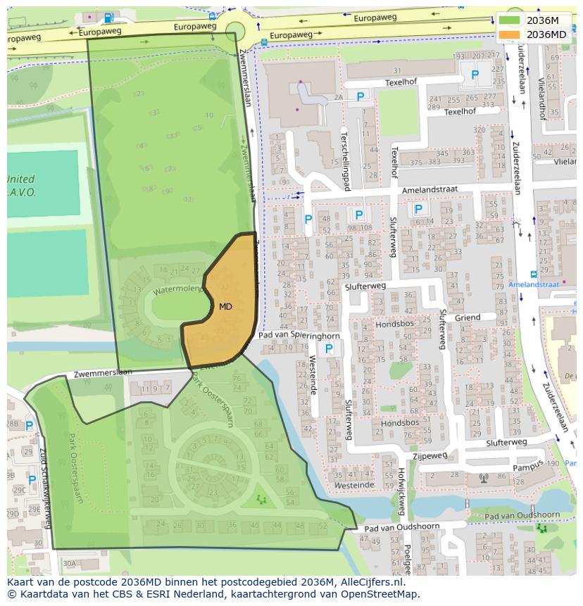Afbeelding van het postcodegebied 2036 MD op de kaart.