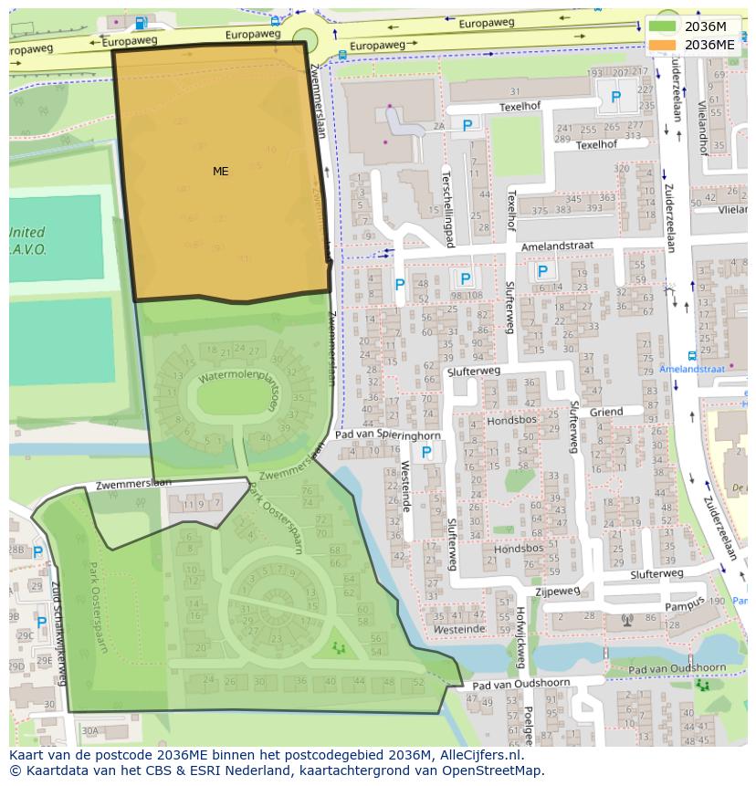 Afbeelding van het postcodegebied 2036 ME op de kaart.