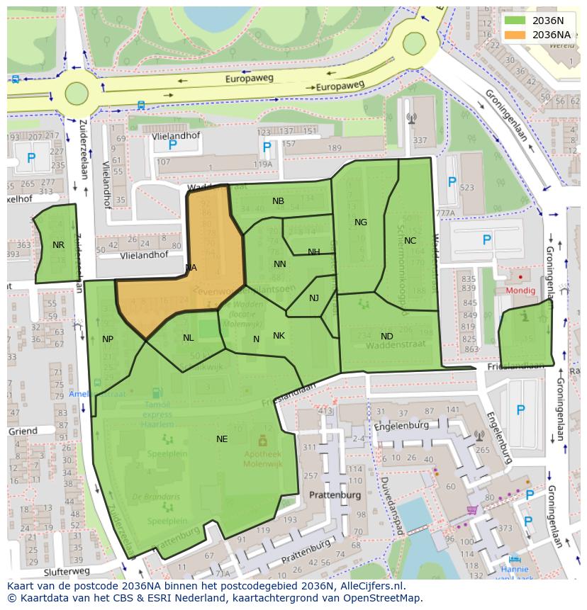 Afbeelding van het postcodegebied 2036 NA op de kaart.