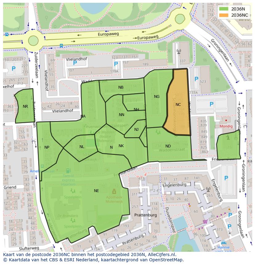 Afbeelding van het postcodegebied 2036 NC op de kaart.