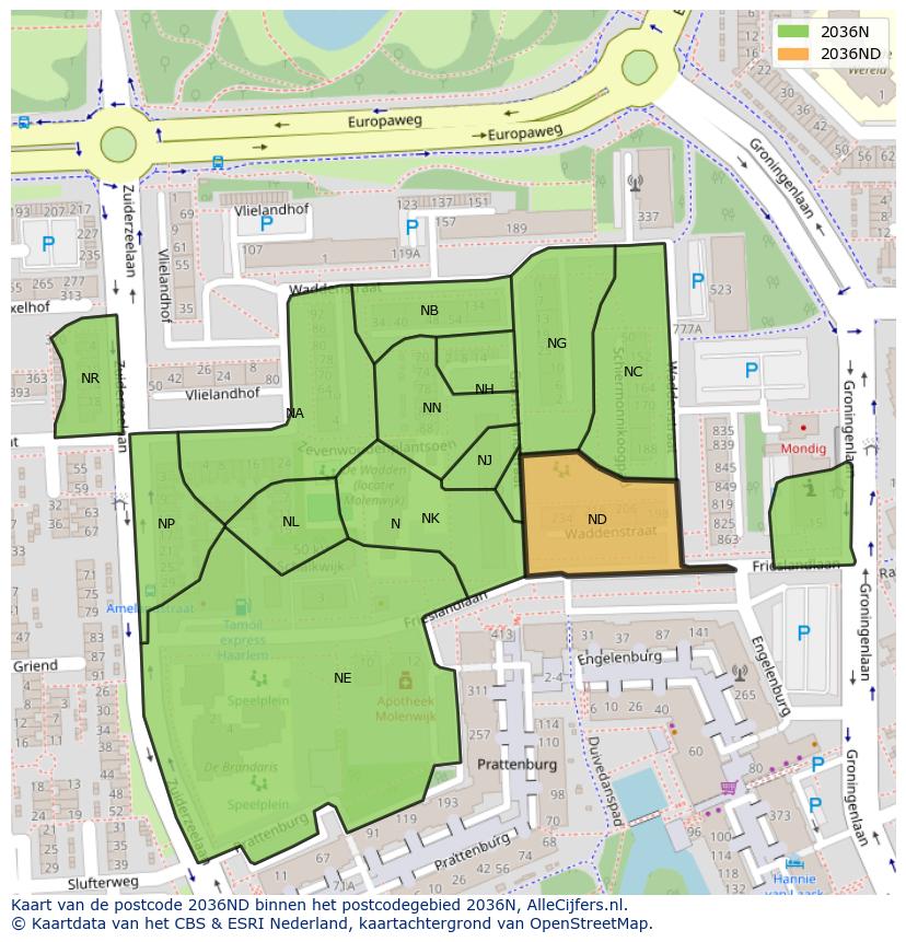 Afbeelding van het postcodegebied 2036 ND op de kaart.