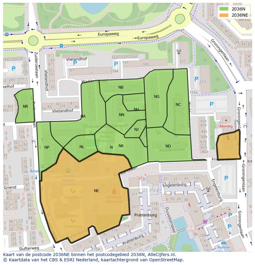 Afbeelding van het postcodegebied 2036 NE op de kaart.
