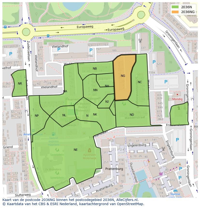 Afbeelding van het postcodegebied 2036 NG op de kaart.