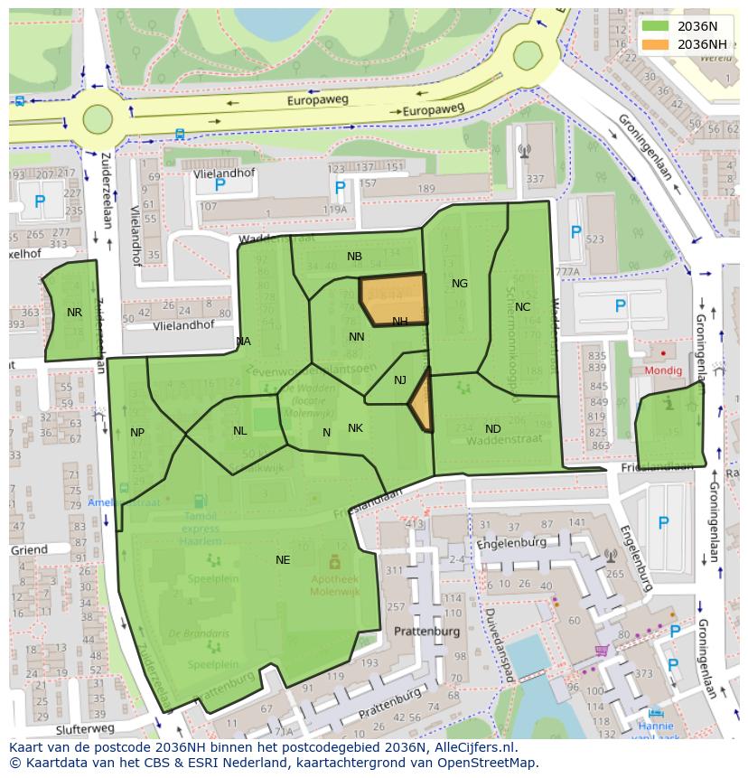 Afbeelding van het postcodegebied 2036 NH op de kaart.