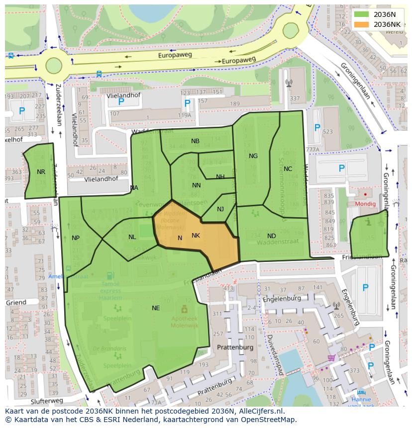 Afbeelding van het postcodegebied 2036 NK op de kaart.