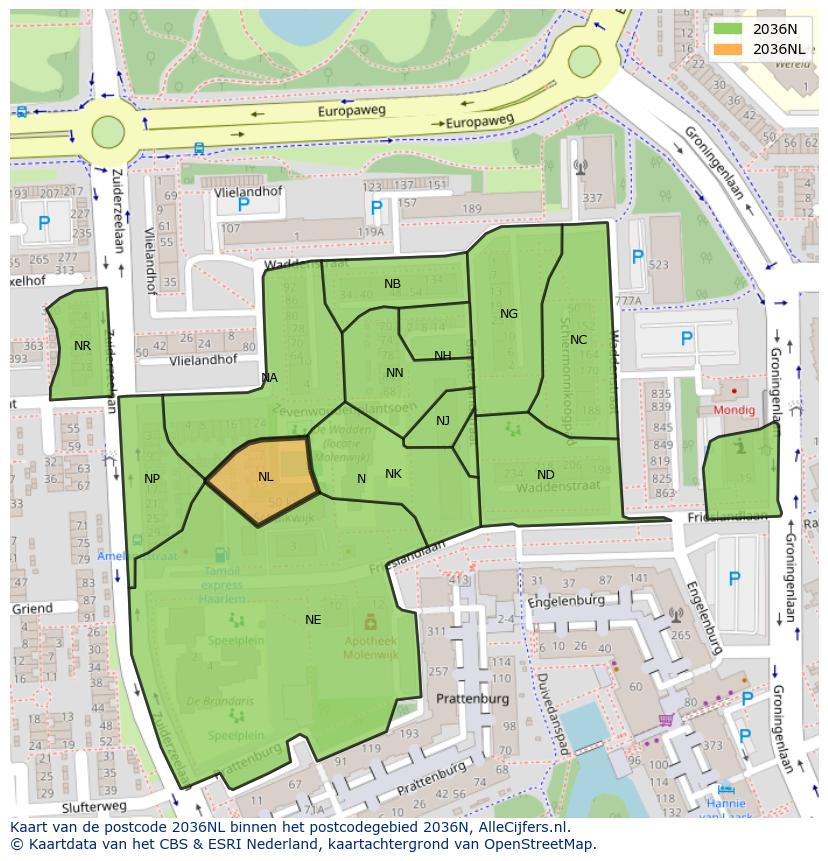 Afbeelding van het postcodegebied 2036 NL op de kaart.