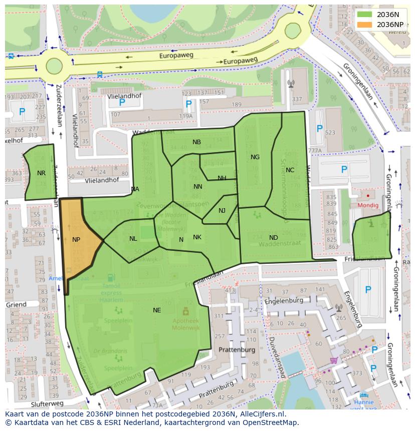 Afbeelding van het postcodegebied 2036 NP op de kaart.