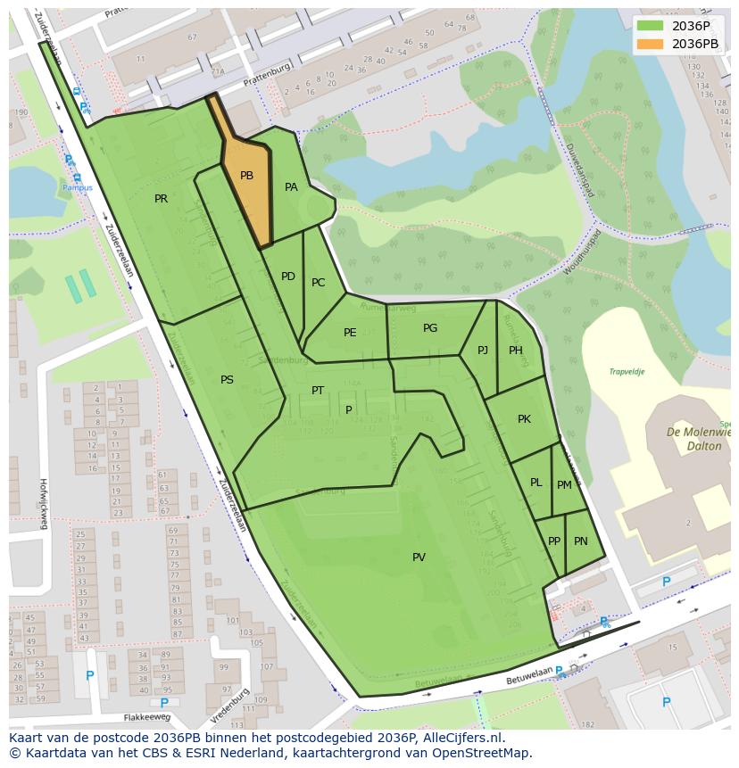 Afbeelding van het postcodegebied 2036 PB op de kaart.