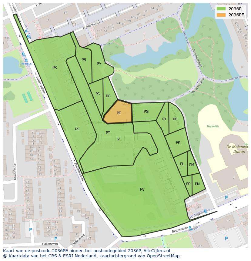 Afbeelding van het postcodegebied 2036 PE op de kaart.