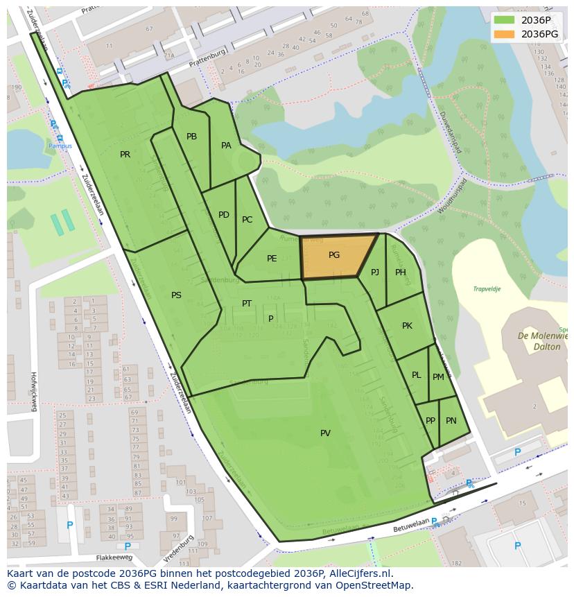 Afbeelding van het postcodegebied 2036 PG op de kaart.