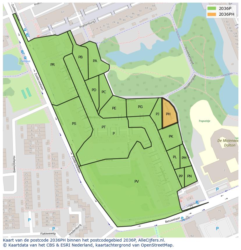 Afbeelding van het postcodegebied 2036 PH op de kaart.