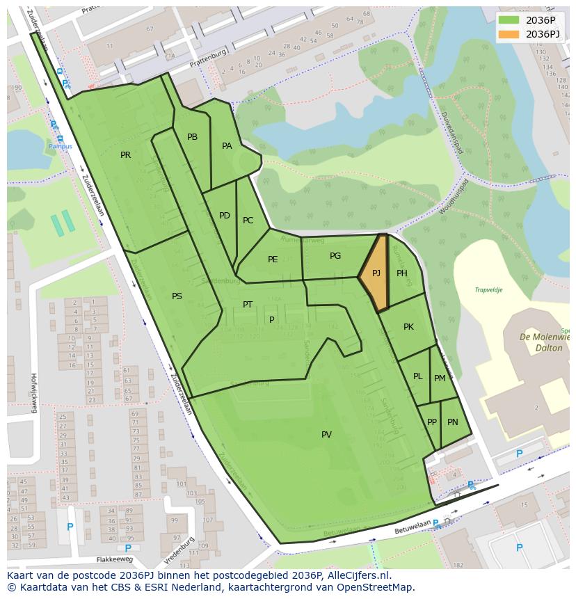 Afbeelding van het postcodegebied 2036 PJ op de kaart.