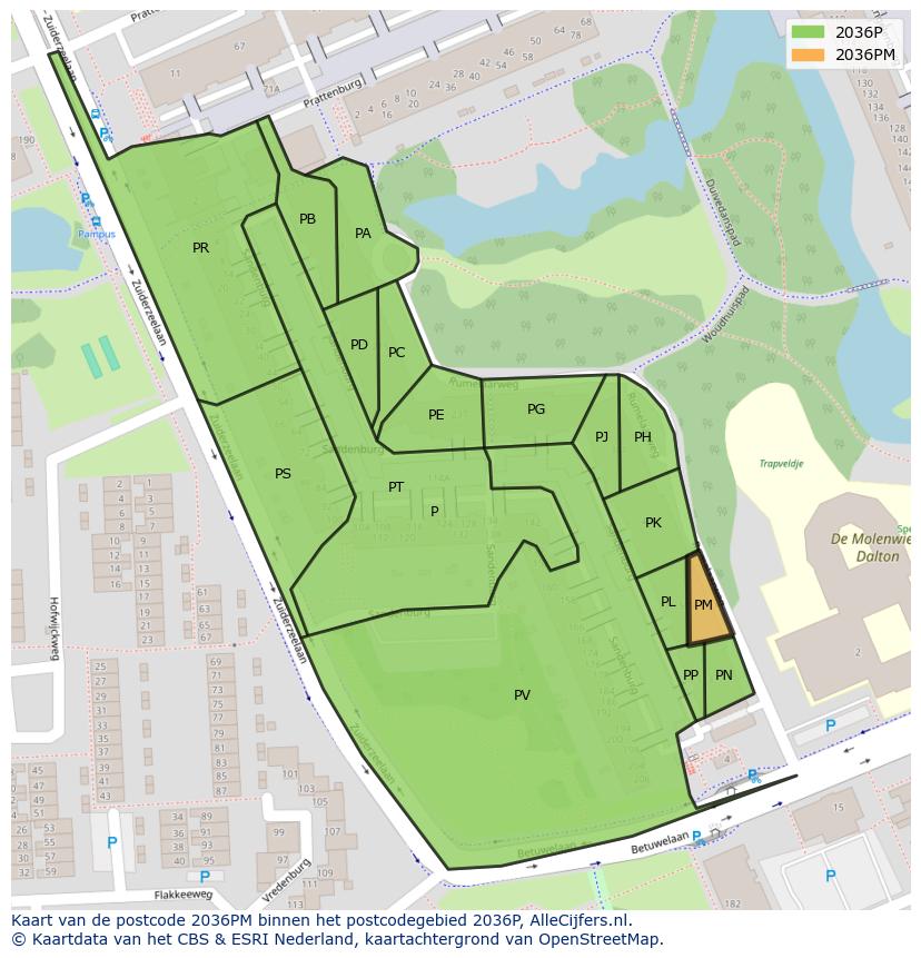 Afbeelding van het postcodegebied 2036 PM op de kaart.