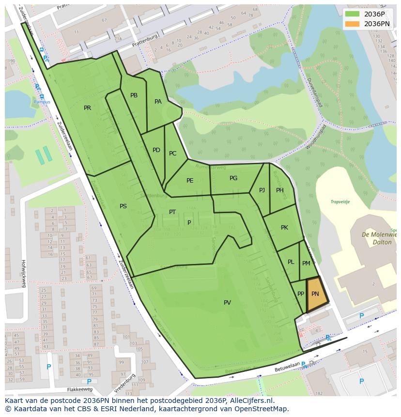 Afbeelding van het postcodegebied 2036 PN op de kaart.