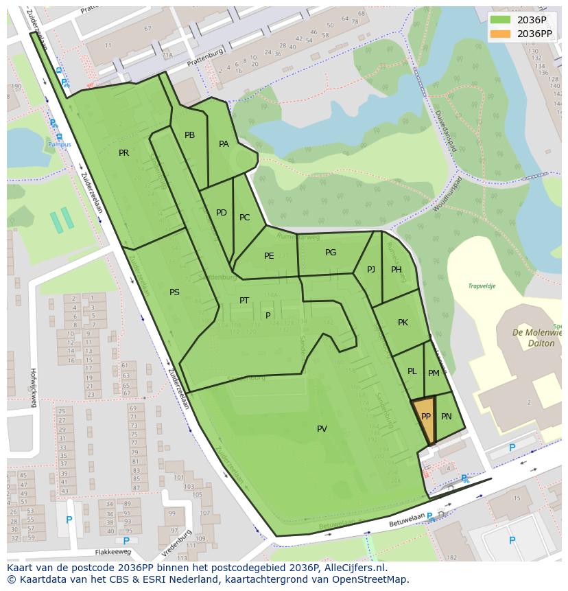 Afbeelding van het postcodegebied 2036 PP op de kaart.