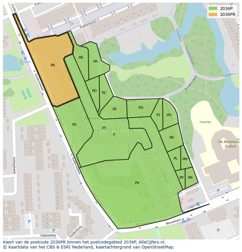 Afbeelding van het postcodegebied 2036 PR op de kaart.