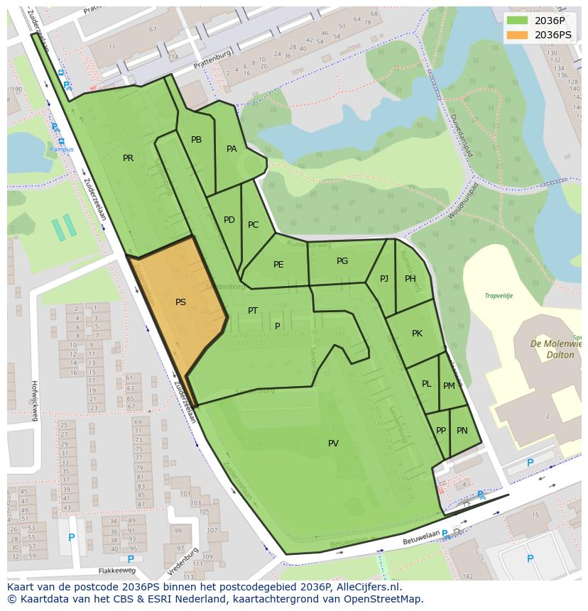 Afbeelding van het postcodegebied 2036 PS op de kaart.