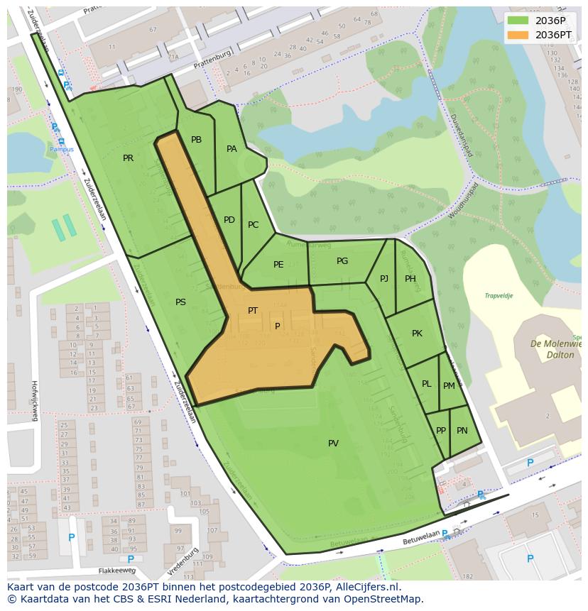 Afbeelding van het postcodegebied 2036 PT op de kaart.