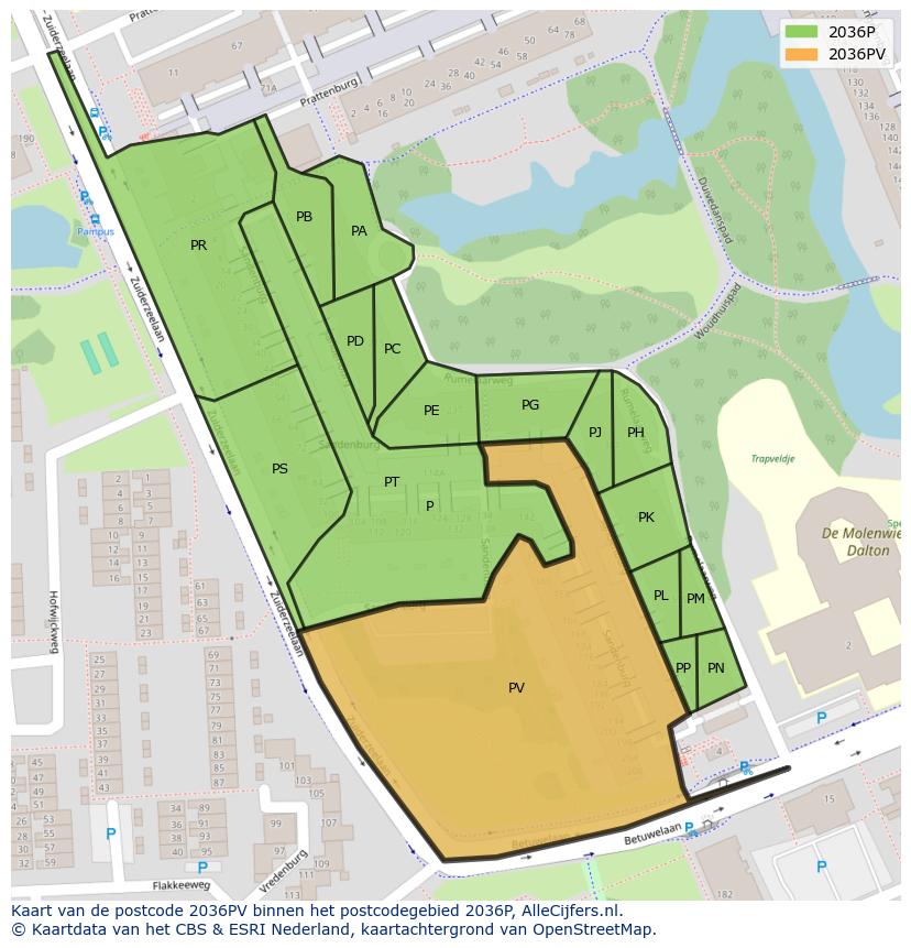 Afbeelding van het postcodegebied 2036 PV op de kaart.