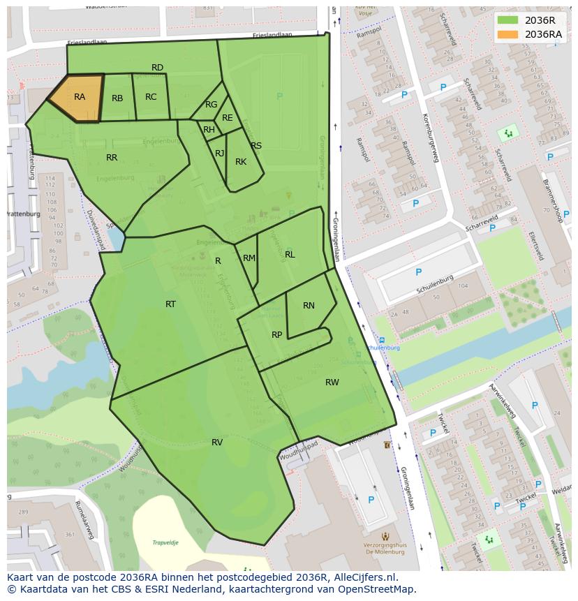 Afbeelding van het postcodegebied 2036 RA op de kaart.