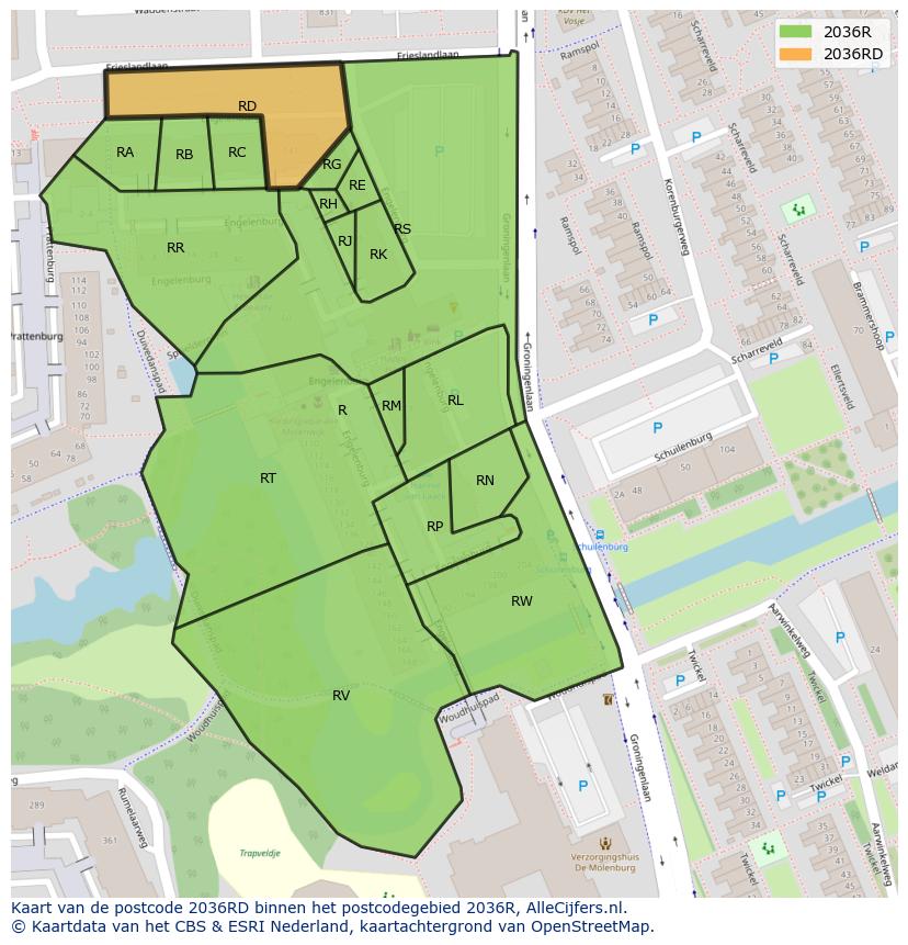 Afbeelding van het postcodegebied 2036 RD op de kaart.