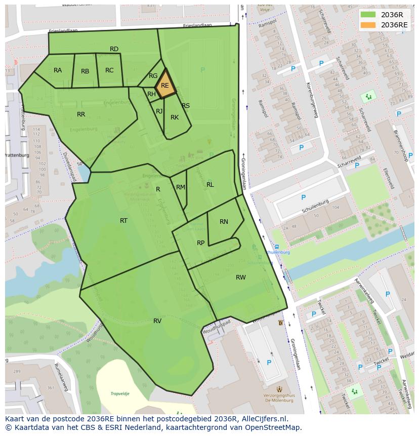 Afbeelding van het postcodegebied 2036 RE op de kaart.