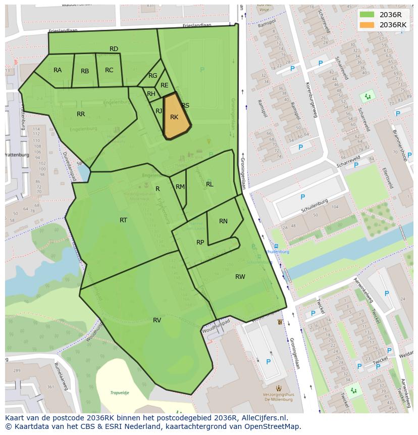 Afbeelding van het postcodegebied 2036 RK op de kaart.