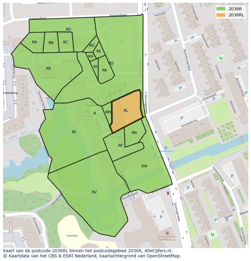 Afbeelding van het postcodegebied 2036 RL op de kaart.