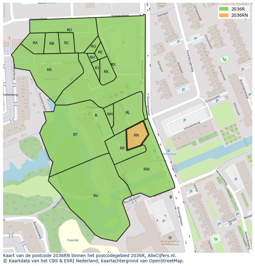 Afbeelding van het postcodegebied 2036 RN op de kaart.