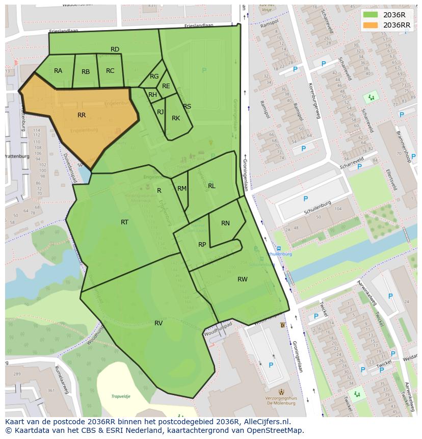 Afbeelding van het postcodegebied 2036 RR op de kaart.