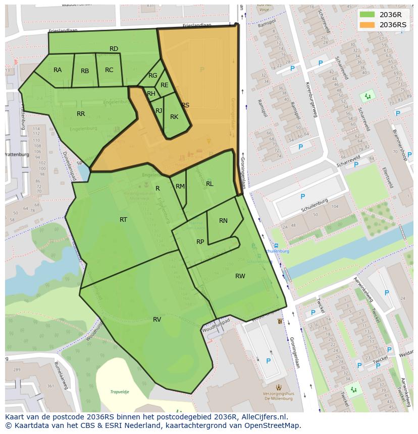 Afbeelding van het postcodegebied 2036 RS op de kaart.