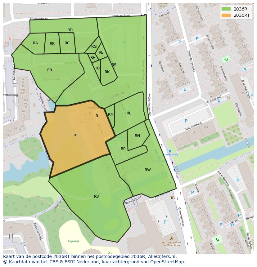 Afbeelding van het postcodegebied 2036 RT op de kaart.