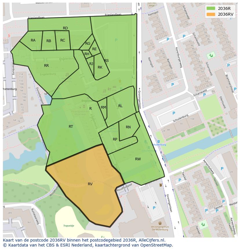 Afbeelding van het postcodegebied 2036 RV op de kaart.