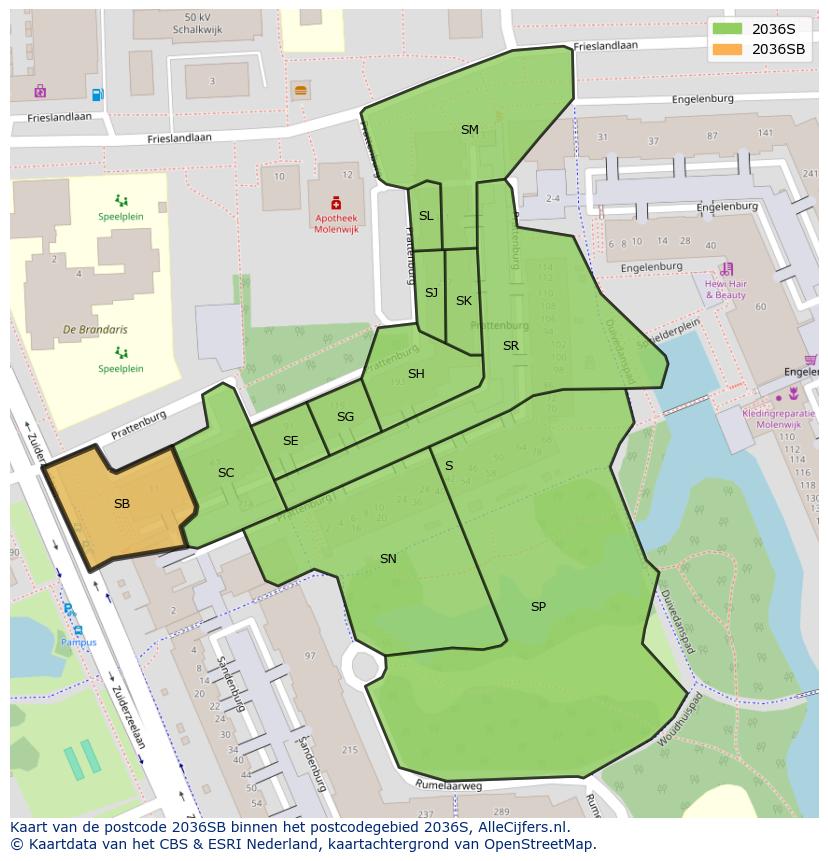 Afbeelding van het postcodegebied 2036 SB op de kaart.