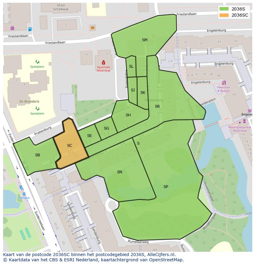 Afbeelding van het postcodegebied 2036 SC op de kaart.