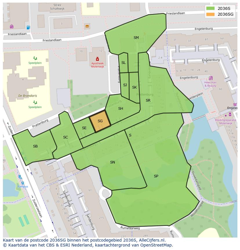 Afbeelding van het postcodegebied 2036 SG op de kaart.