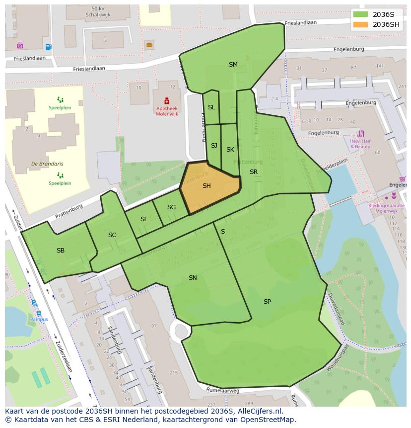 Afbeelding van het postcodegebied 2036 SH op de kaart.