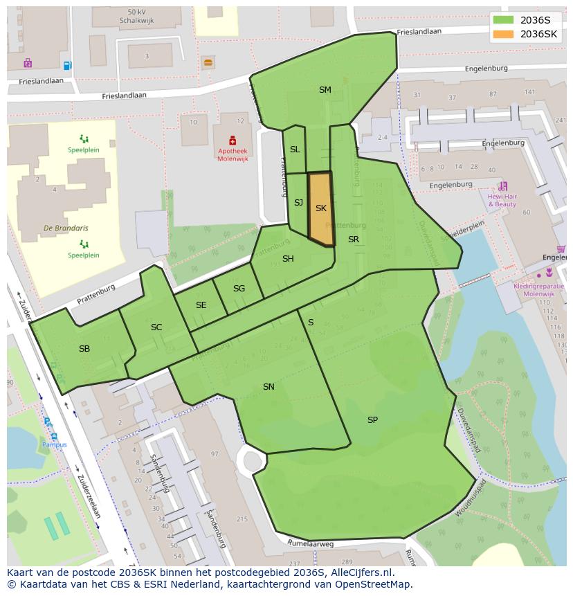 Afbeelding van het postcodegebied 2036 SK op de kaart.