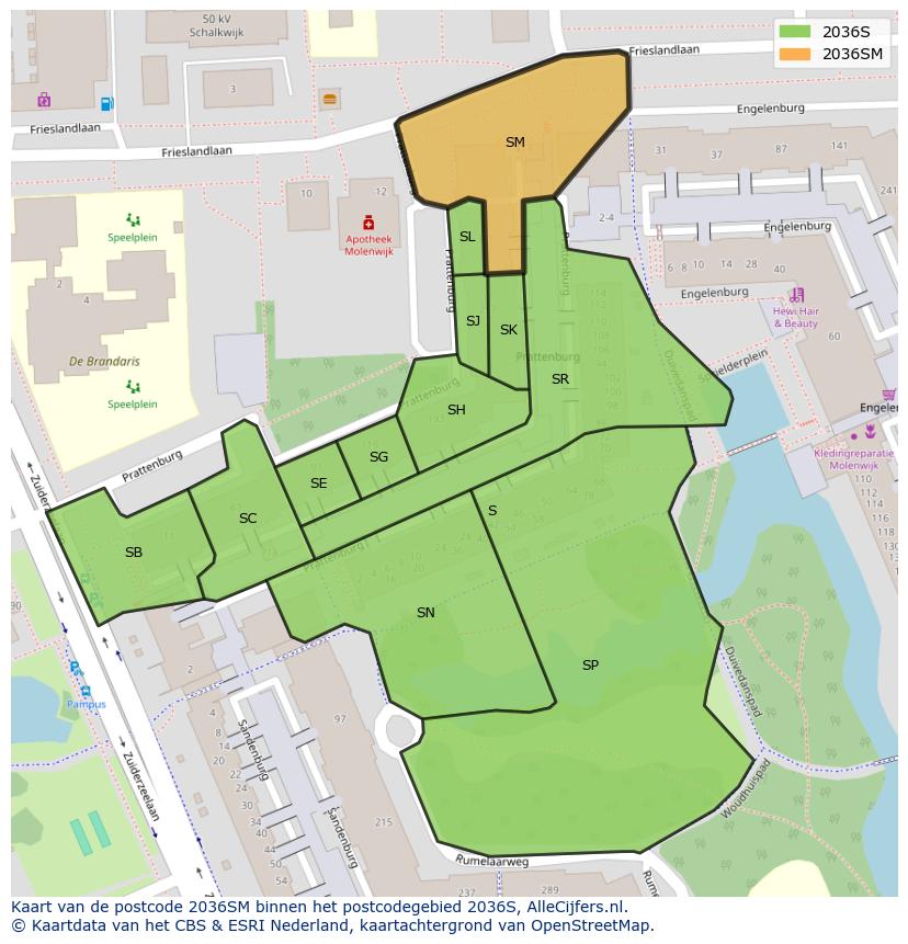 Afbeelding van het postcodegebied 2036 SM op de kaart.