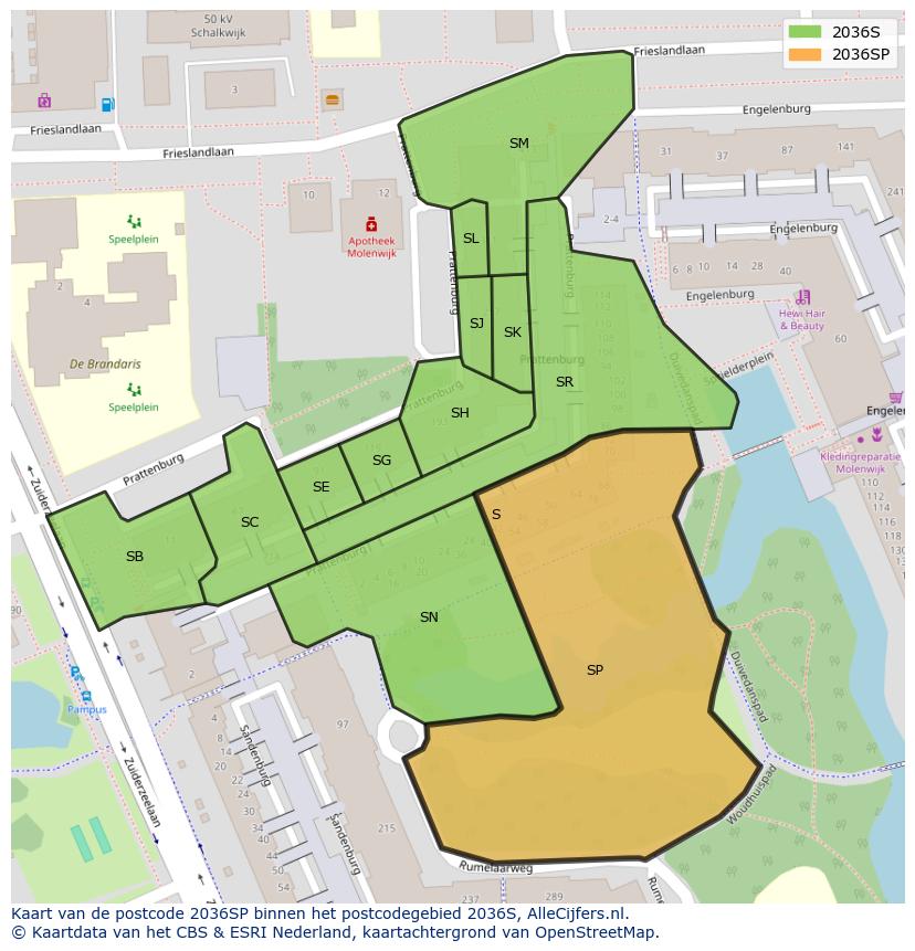 Afbeelding van het postcodegebied 2036 SP op de kaart.