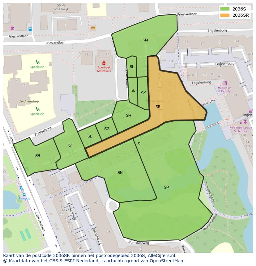 Afbeelding van het postcodegebied 2036 SR op de kaart.