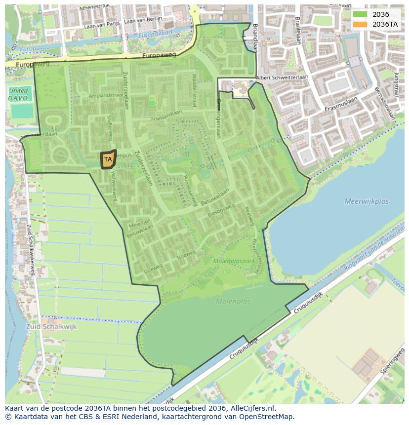 Afbeelding van het postcodegebied 2036 TA op de kaart.