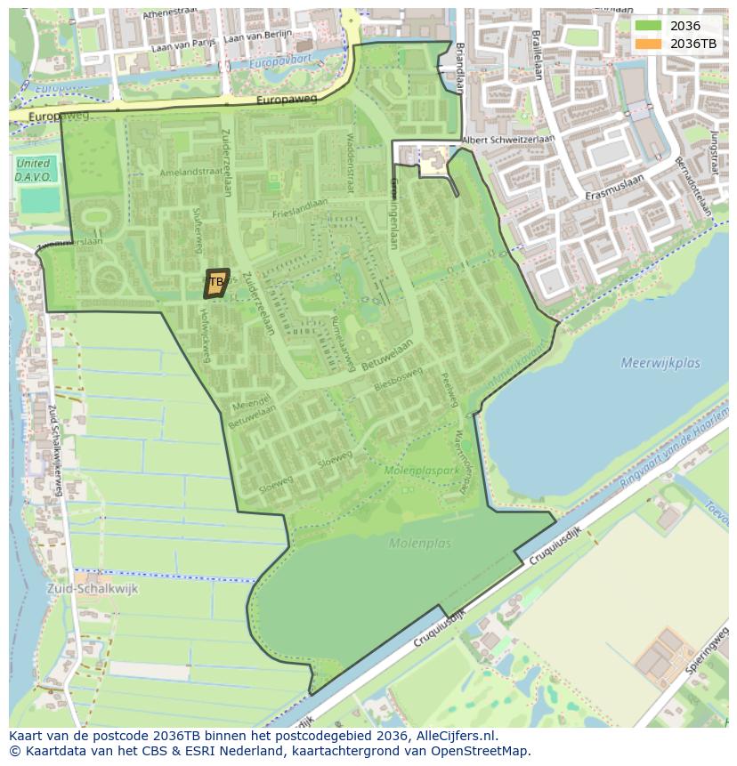 Afbeelding van het postcodegebied 2036 TB op de kaart.